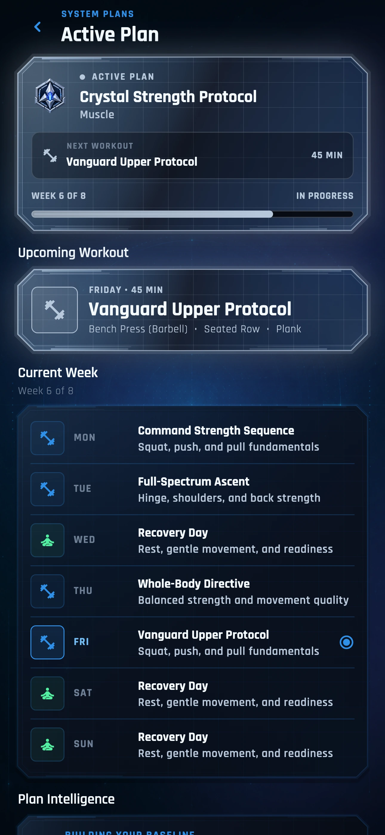 Crystal Strength Protocol: an active eight-week plan with scheduled workouts and recovery days.