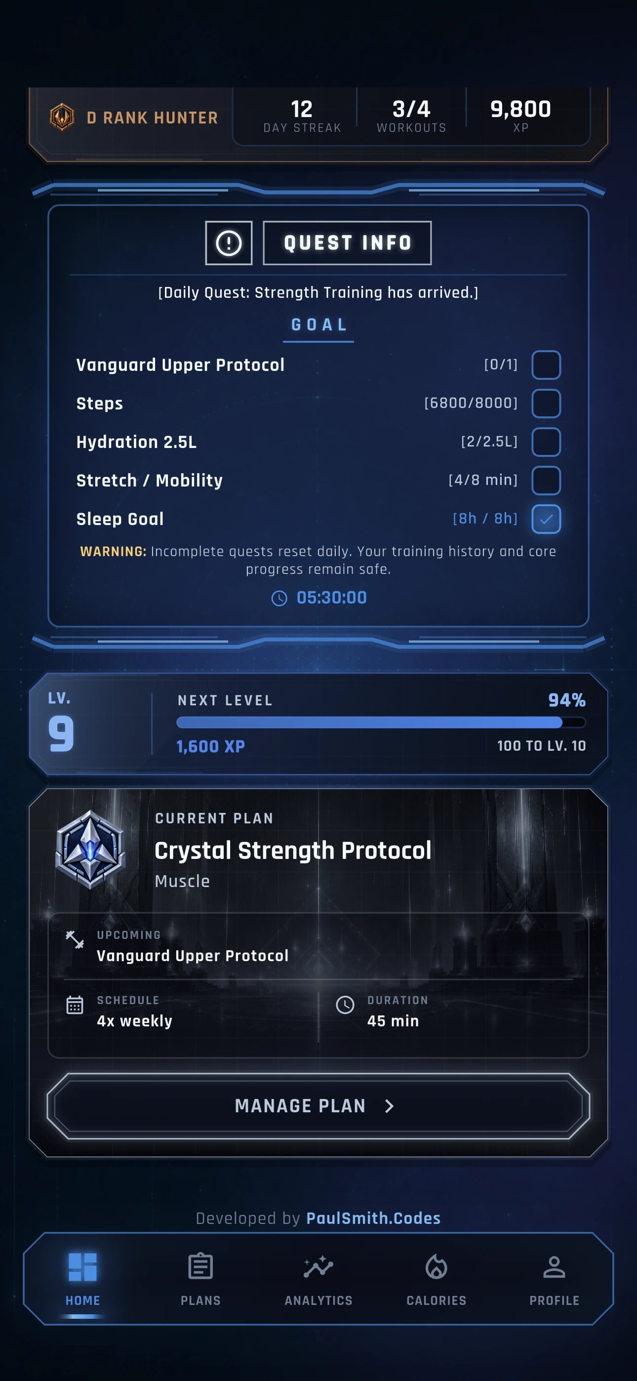Daily Quest with training, steps, hydration, mobility and sleep objectives, plus level progress.