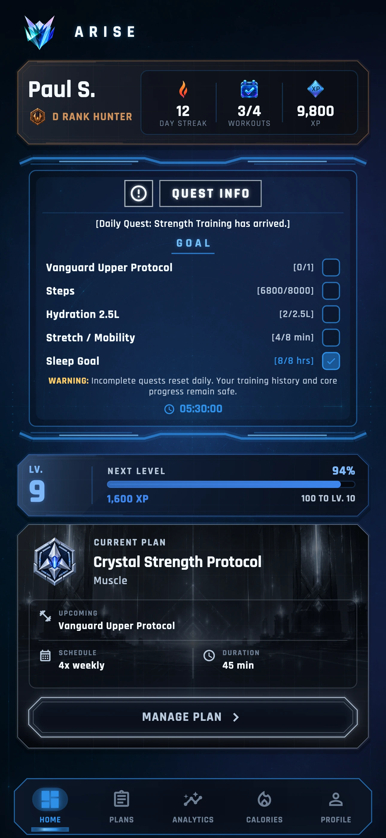 Arise Home with Paul S.’s sample rank, XP, Daily Quest and current training plan.