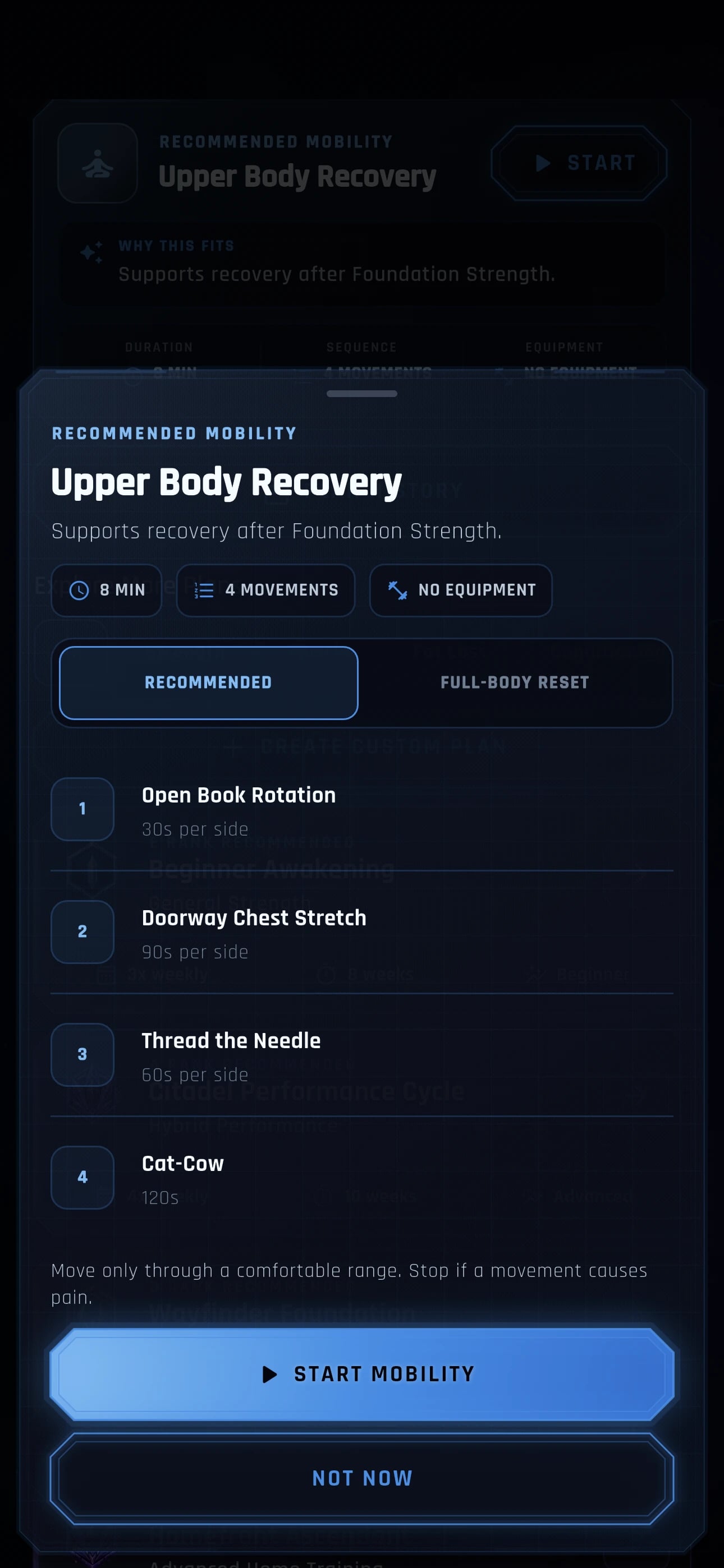 Upper Body Recovery: an eight-minute, four-movement mobility routine with instructions and safety guidance.